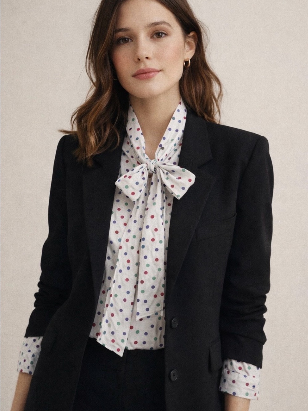 Classic Wear Women’s Vintage Multi Color Polka Dot Blouse Top Bow USA Made Sz M